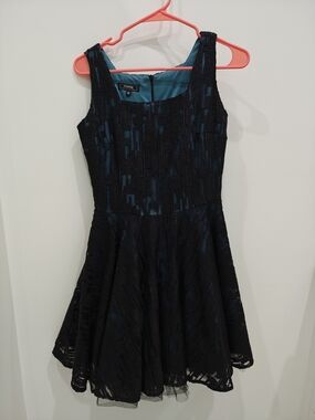Ivonne Textured Black & Teal Fit-and-Flare Mini Dress